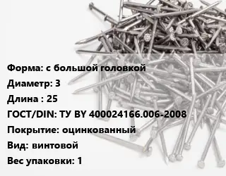 Гвоздь с большой головкой 3х25 ГОСТ: ТУ BY 400024166.006-2008 оцинкованный винтовой 1